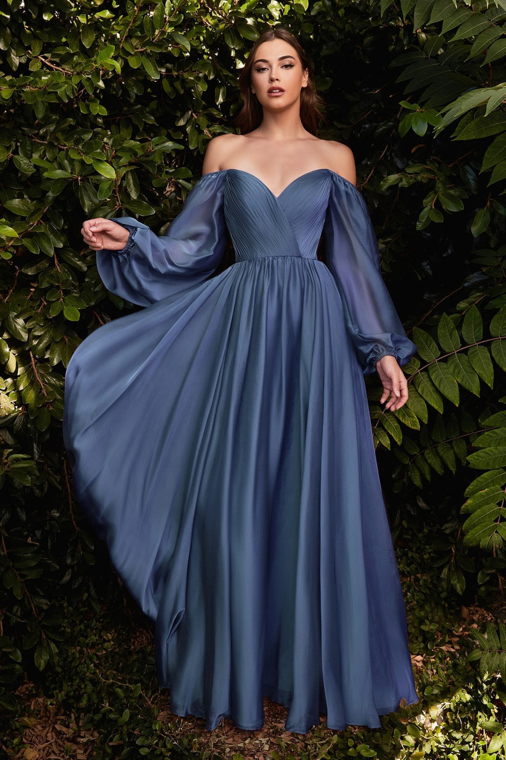 A-Line Skirt Formal Dress for Wedding Guest Chiffon Evening Gown Long Puff Sleeve V-Neck with Pleated Bodice and Flowy