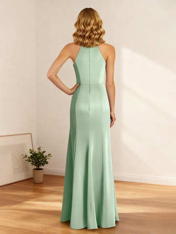 Elegant Sage Green Mermaid Mother of the Bride Dress - Halter Lace Appqué Satin Floor-Length Gown