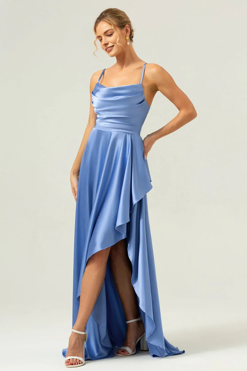 Graceful A-Line Cowl Neck Sleeveless Satin Ruffle Wedding Guest Dress High-Slit Evening Gown