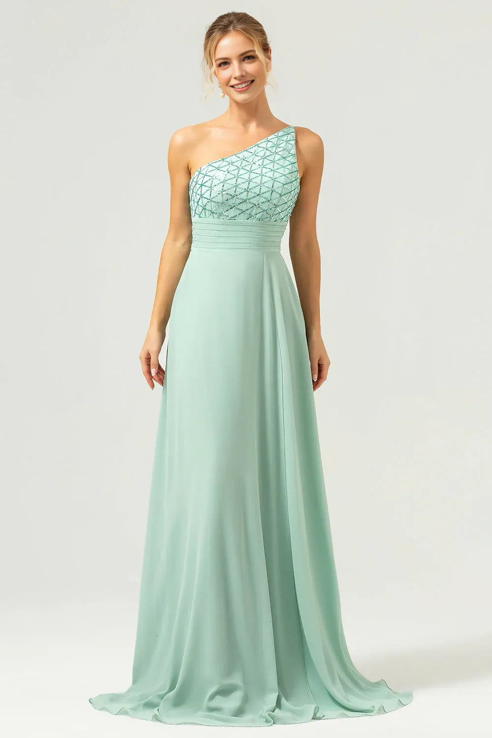 Radiant A-Line One-Shoulder Sleeveless Chiffon Beaded Bodice Pleated Waist Formal Evening Dress