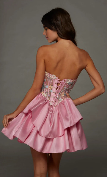 Stunning Corset Fit Flare Strapless Satin Floral Applique Party Homecoming Dress Dress
