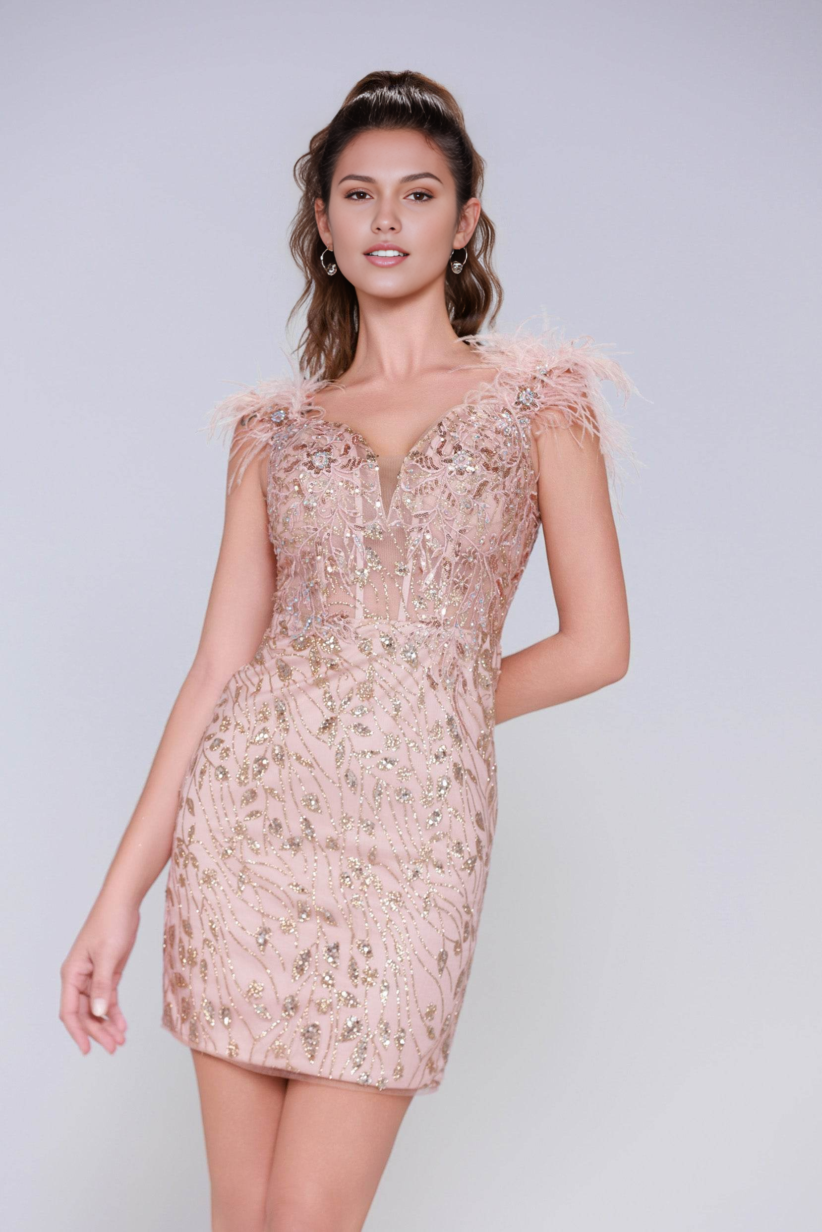 Sophisticated Sheath Plunge V-Neck Sleeveless Beaded Feather Lace-Up Homecoming Dress