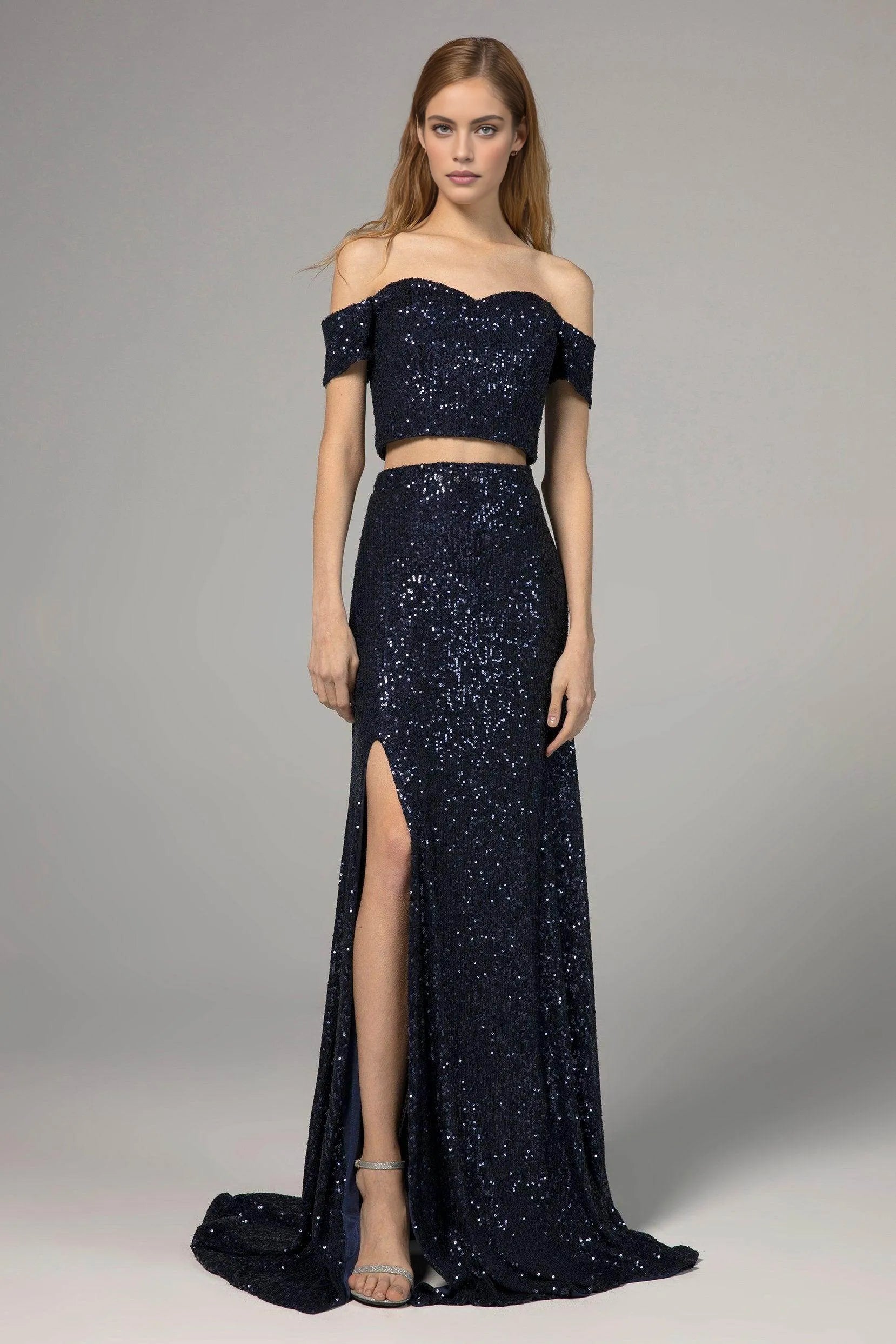 Modern Sheath Sweetheart Off-Shoulder Sequin Lace-Up Two-Piece Prom Dress With Train
