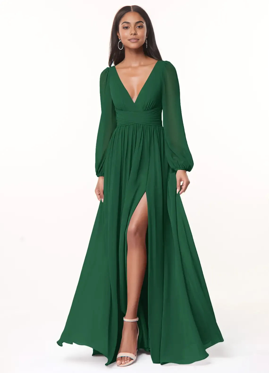 A-Line/Princess Chiffon Plunging Neck Long Sleeves Bridesmaid Dresses Wedding Guest Dresses With Slit
