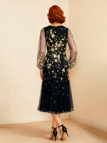 Elegant Dark Navy Mother of the Bride Dress - Floral Embroidery, Sheer Long Puff Sleeve, Midi Chiffon Gown
