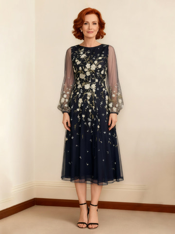 Elegant Dark Navy Mother of the Bride Dress - Floral Embroidery, Sheer Long Puff Sleeve, Midi Chiffon Gown