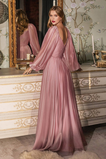 A-Line Skirt Formal Dress for Wedding Guest Chiffon Evening Gown Long Puff Sleeve V-Neck with Pleated Bodice and Flowy