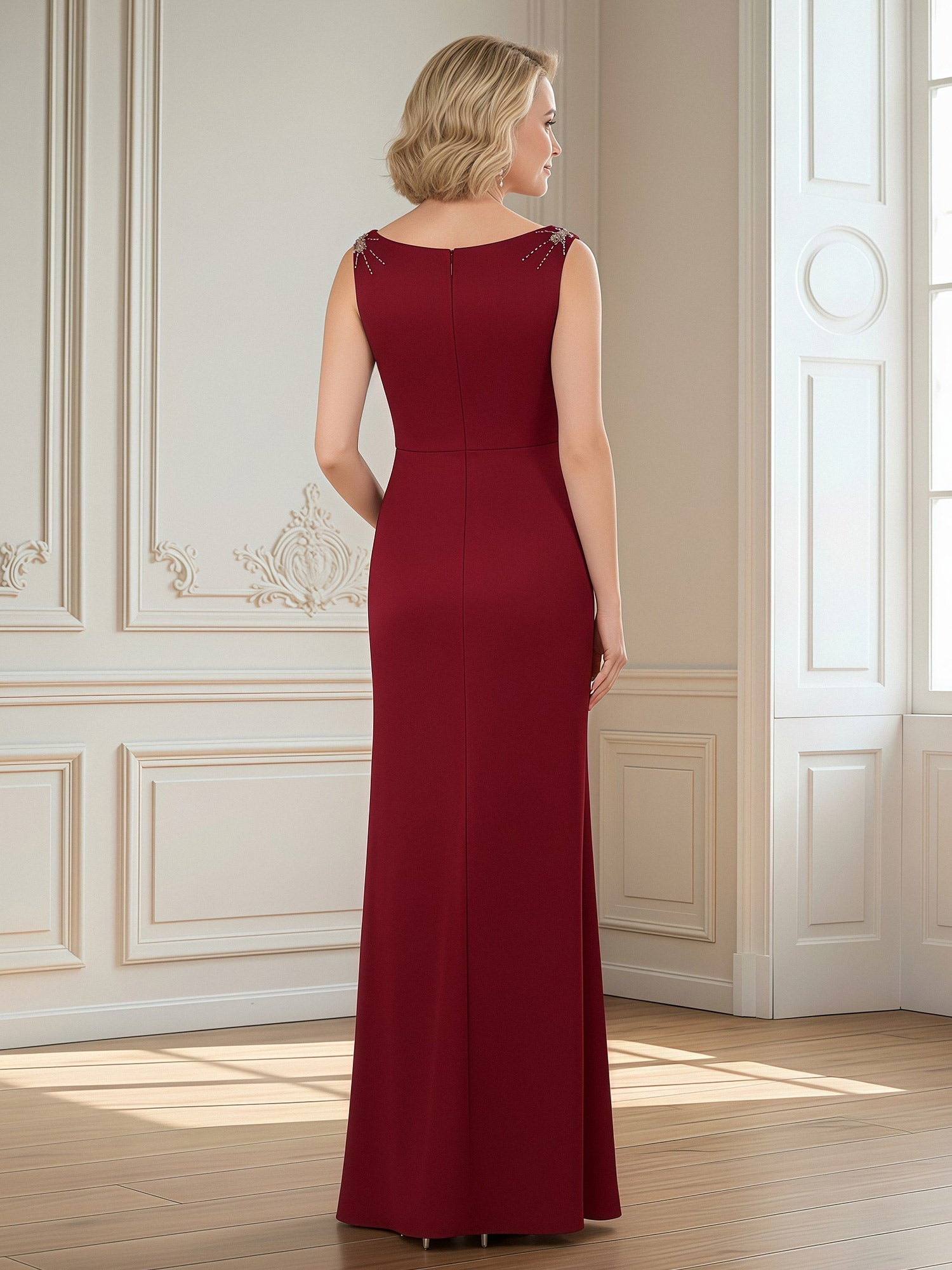 Elegant Burgundy Mother of the Bride Dress - Beaded Embellishment, Side Split, Floor-Length Sheath Gown
