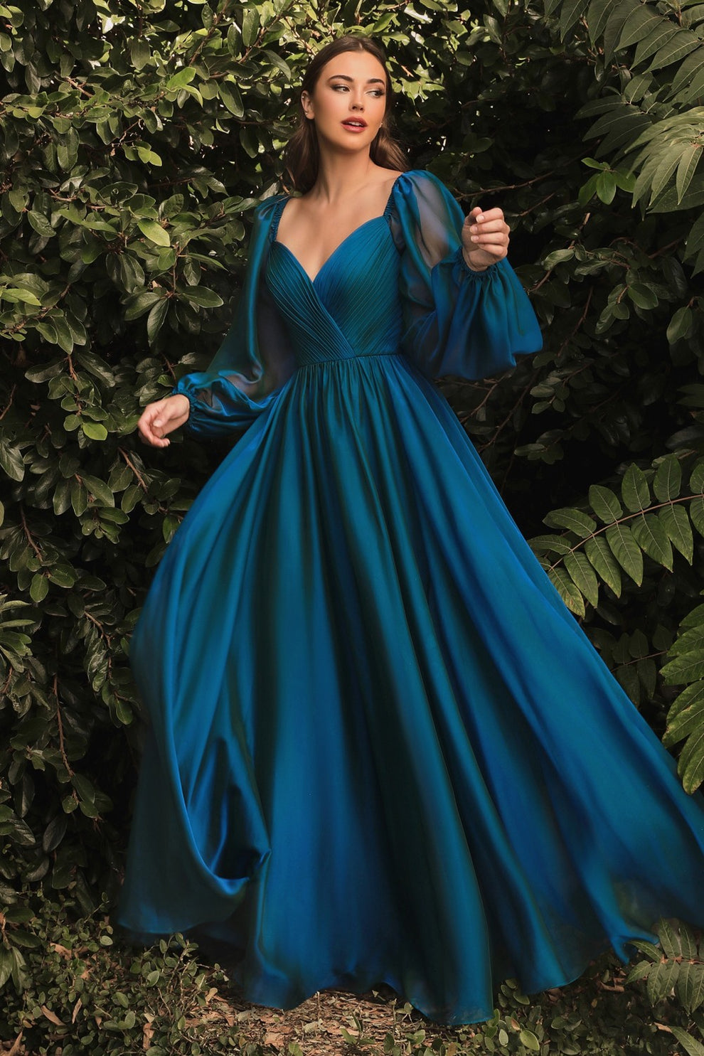 A-Line Skirt Formal Dress for Wedding Guest Chiffon Evening Gown Long Puff Sleeve V-Neck with Pleated Bodice and Flowy