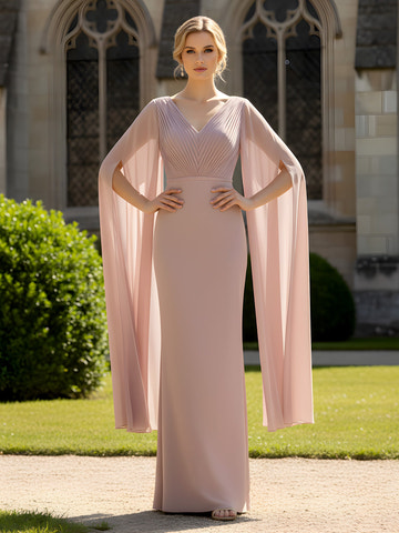 Elegant Dusty Pink Mother of the Bride Dress - Cape Sleeve, V-Neck, Pleated Bodice Floor-Length Gown