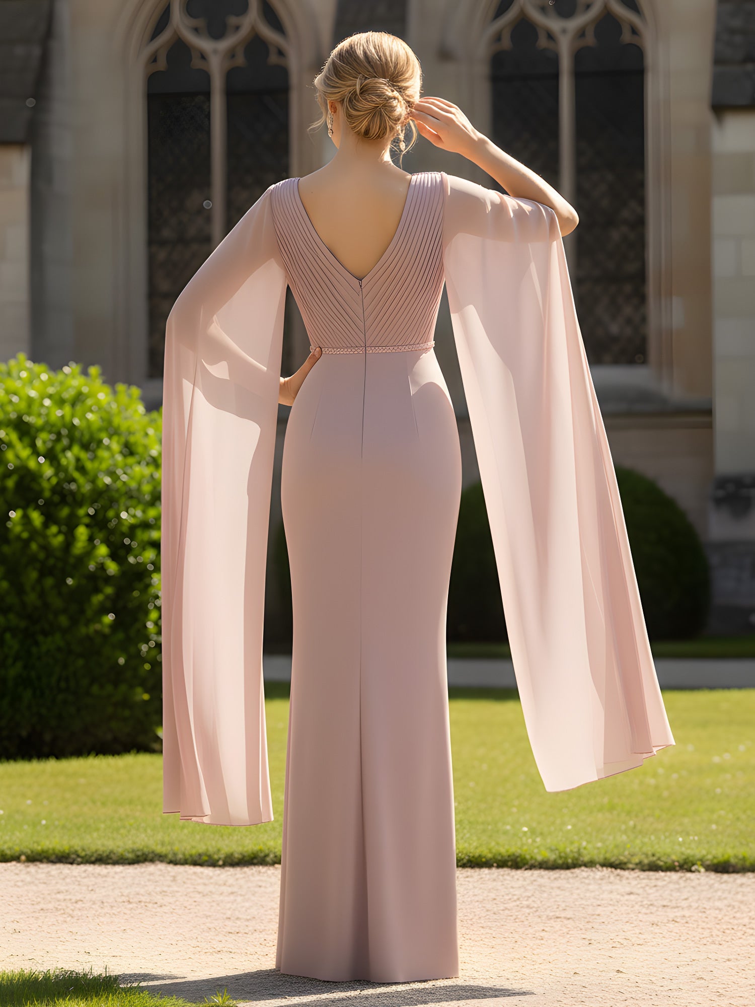 Elegant Dusty Pink Mother of the Bride Dress - Cape Sleeve, V-Neck, Pleated Bodice Floor-Length Gown