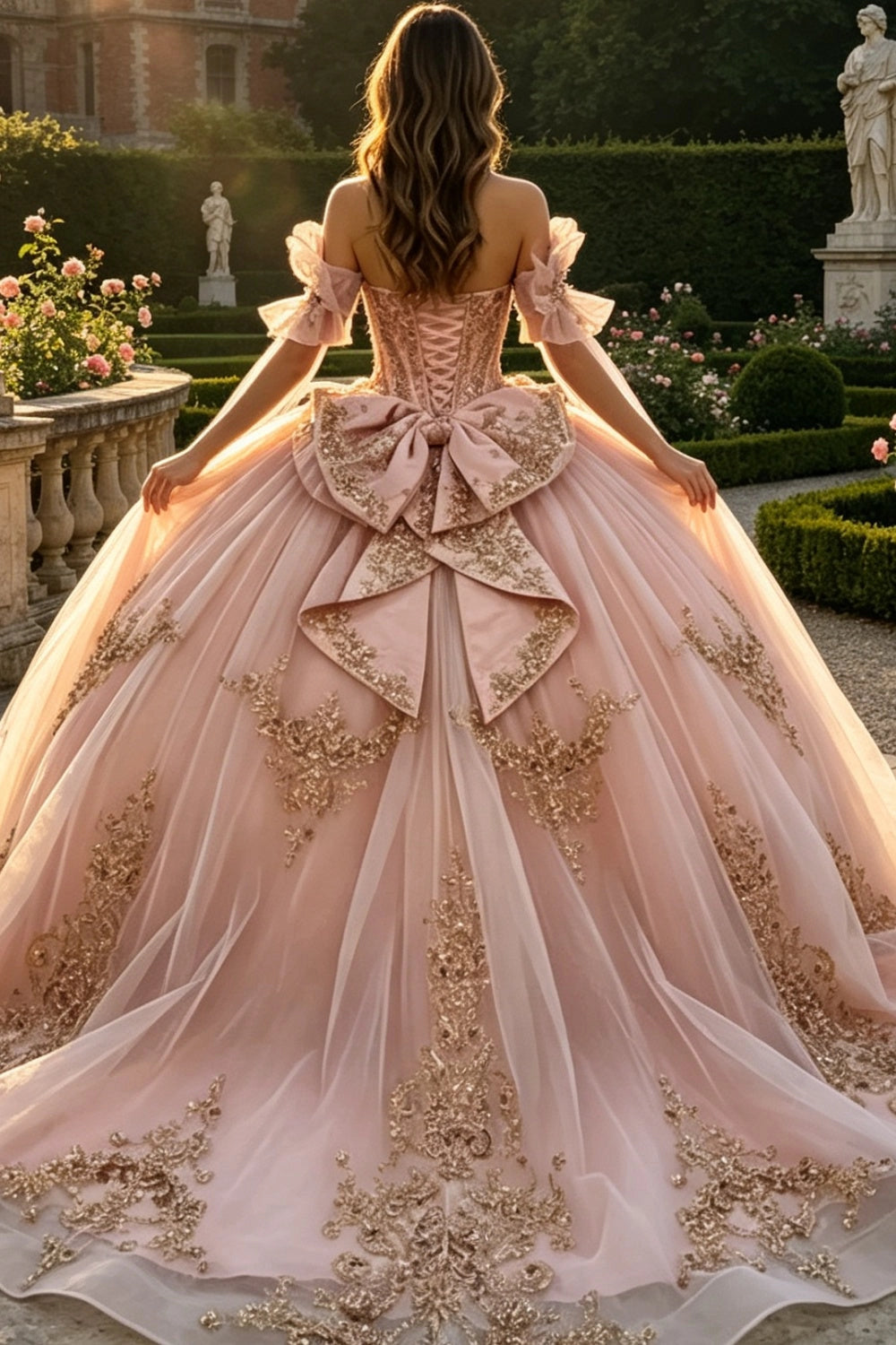 Vedress blush pink quinceanera ball gown corset back floor length oversized embroidered bow gold lace appliques back view