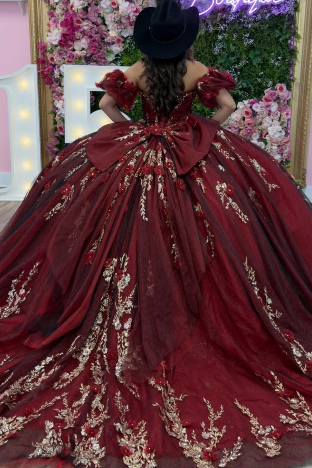 Vedress burgundy quinceanera dress lace‑up corset back large bow gold embroidery 3D floral court train ballgown back view
