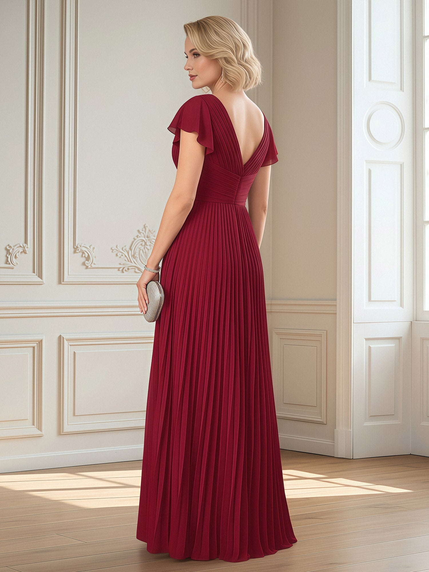 Elegant Burgundy Mother of the Bride Dress - Flutter Sleeve, Pleated Chiffon, Side Split Floor-Length Gown