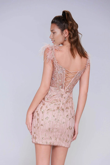 Sophisticated Sheath Plunge V-Neck Sleeveless Beaded Feather Lace-Up Homecoming Dress