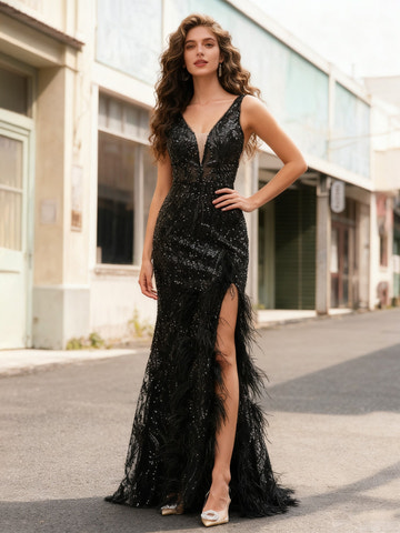 Dramatic plunging V-neck sequin evening dress with feather detail, high slit, mermaid silhouette, and sweep train by VEDRESS