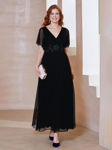 Elegant Black Mother of the Bride Dress - Flutter Sleeve, Lace Embroidered Waist, Chiffon Maxi Gown
