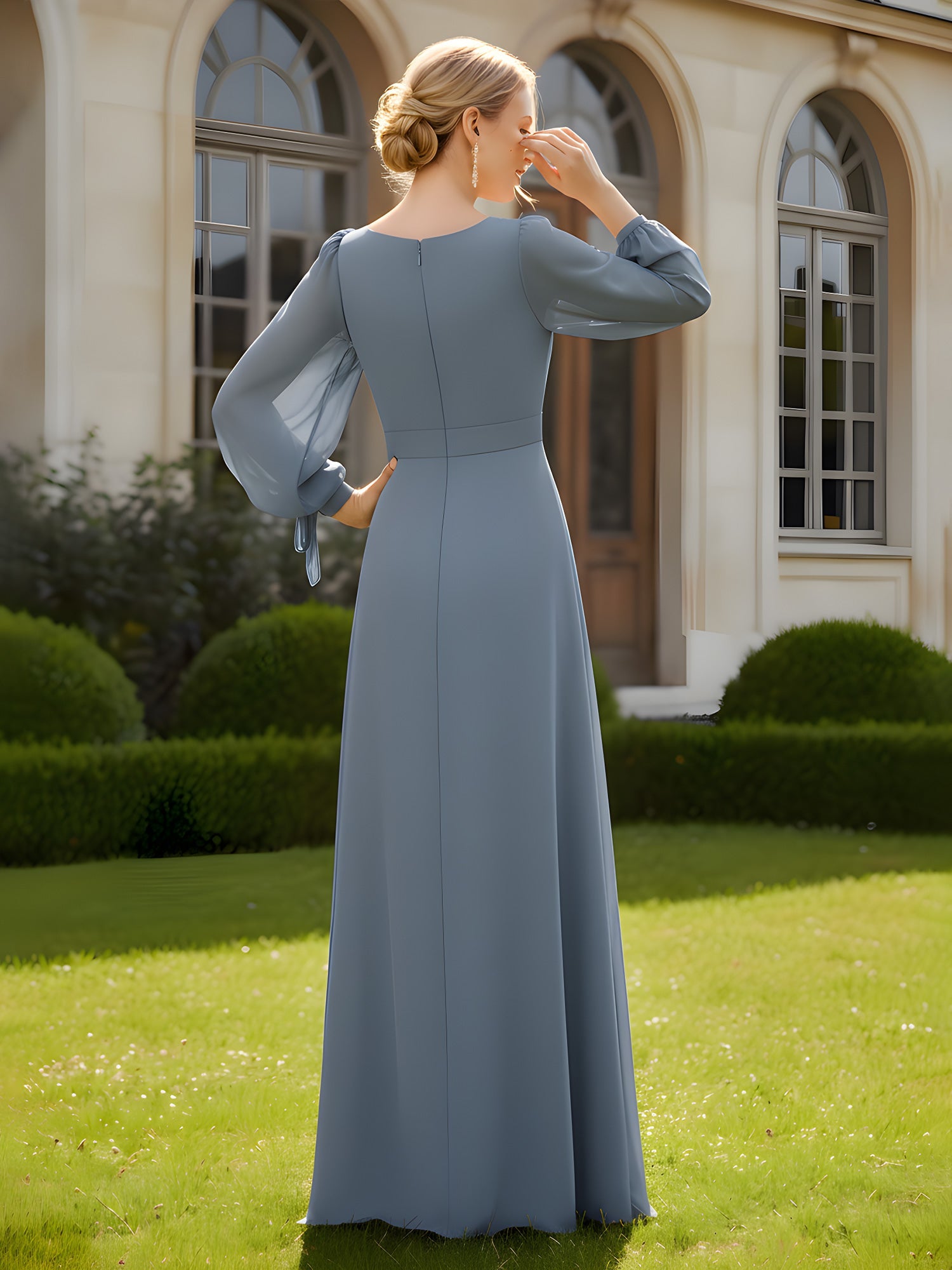 Elegant Dusty Blue Mother of the Bride Dress - Long Bishop Sleeve, Side Split, V-Neck Chiffon Gown