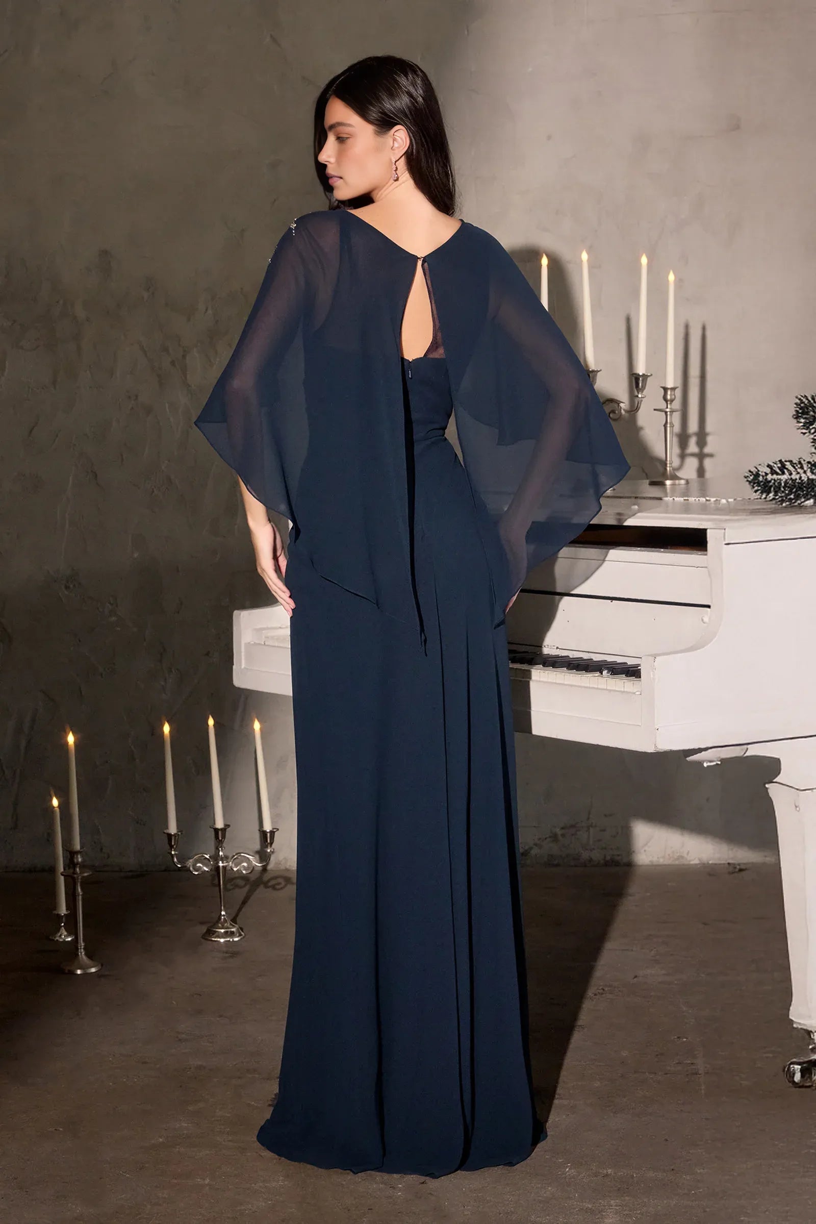 Elegant Column Scoop Neck Cape Sleeve Chiffon Mother of the Bride Dress Beaded Twisted Evening Gown