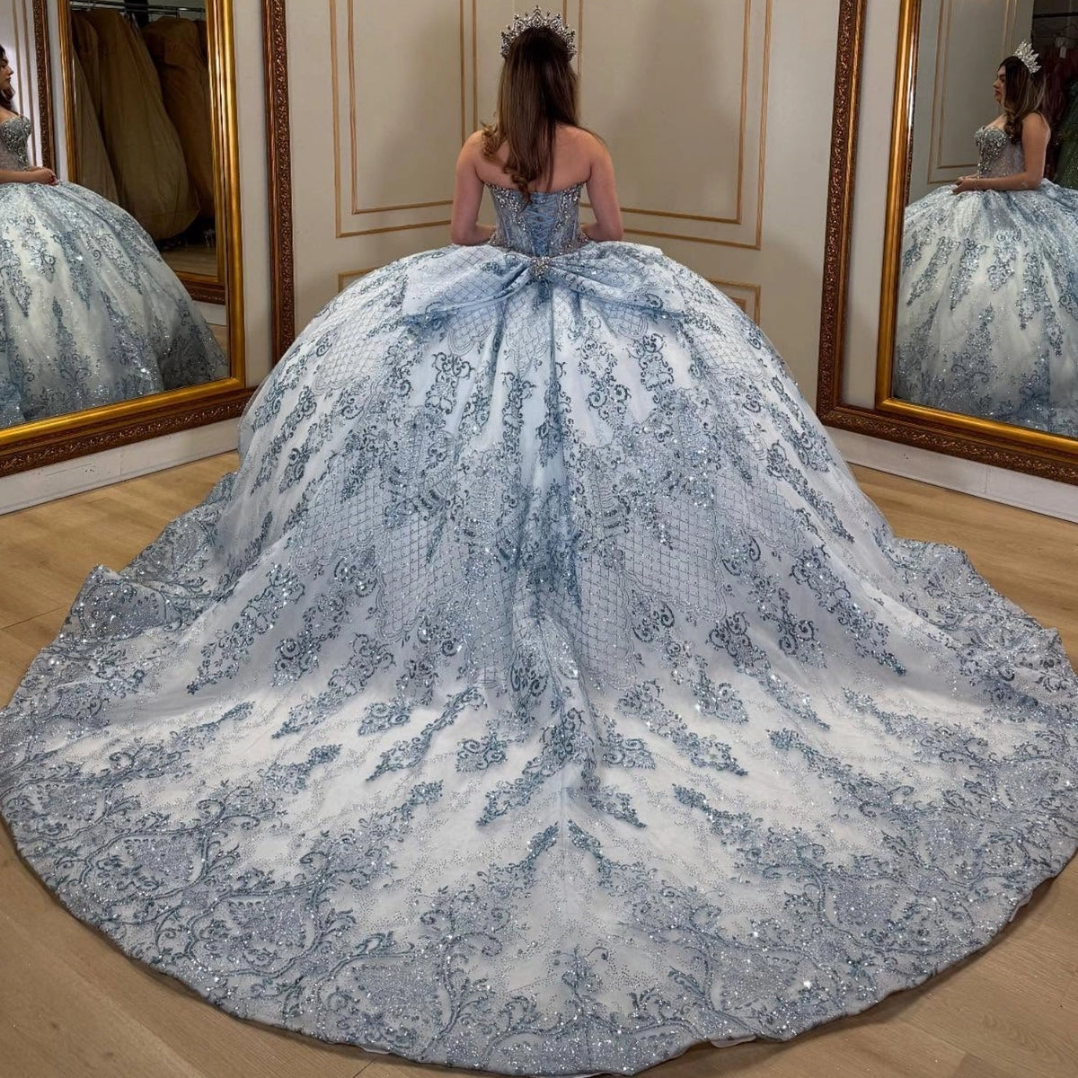 Vedress light blue ball gown quince dress big bow lace‑up corset back cathedral glitter train back view