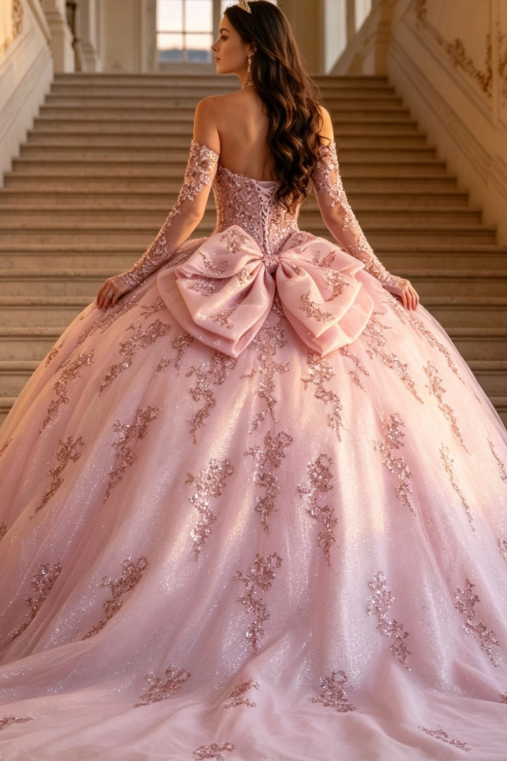 Gorgeous Pink Ball Gown Sweetheart Detachable Long Sleeve Lace‑Up Back Court Train Quinceanera Dress