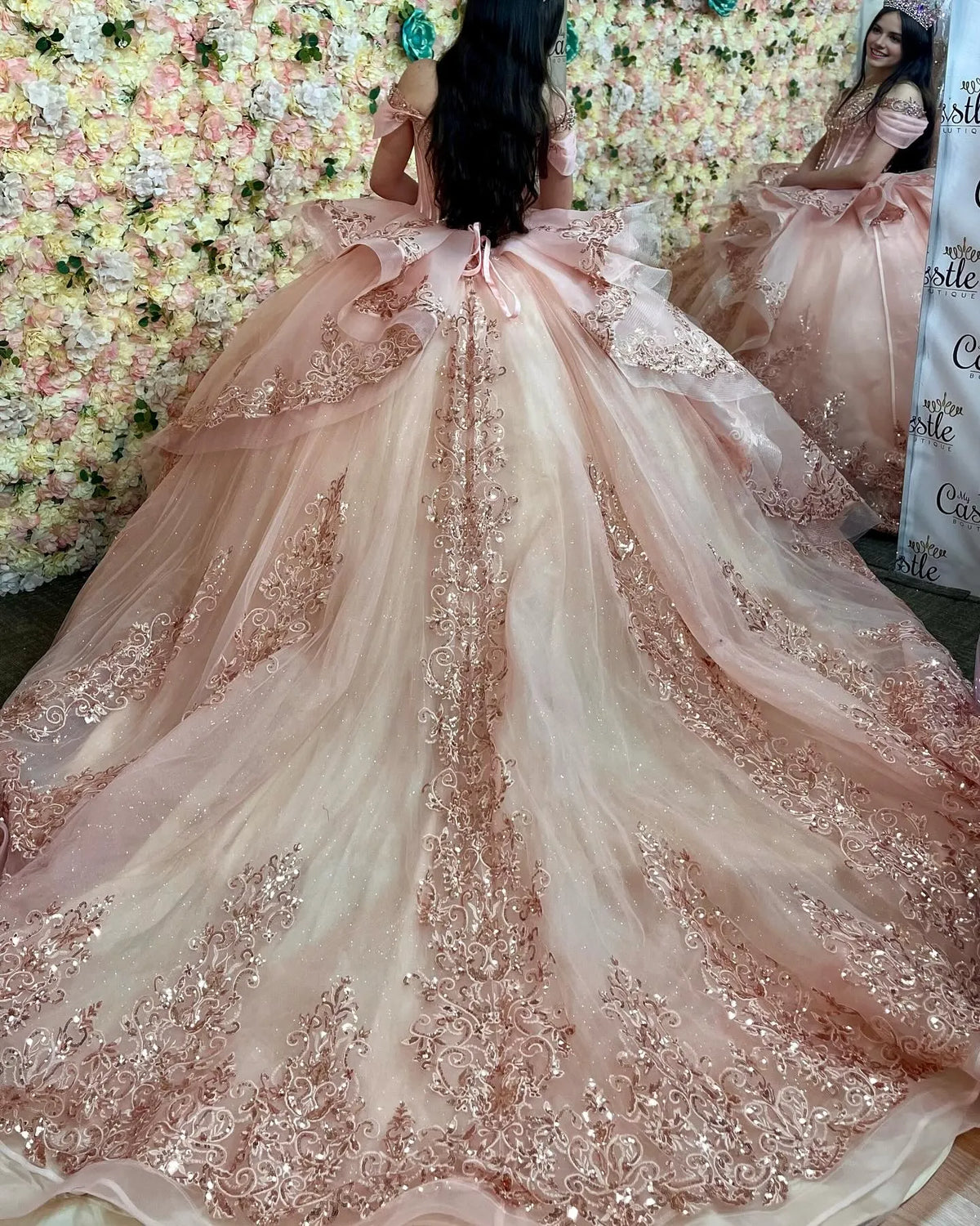 Vedress blush pink quinceanera dress lace-up corset back oversized bow rose gold embroidery court train ballgown back view