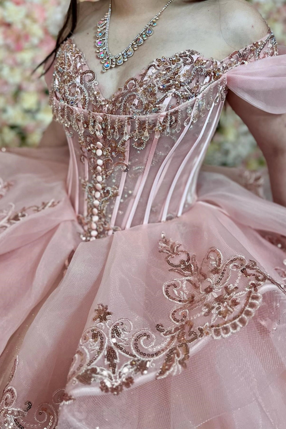 Luxury Blush Pink Ball Gown Sweetheart Off Shoulder Lace‑Up Back Court Train Quinceanera Dress