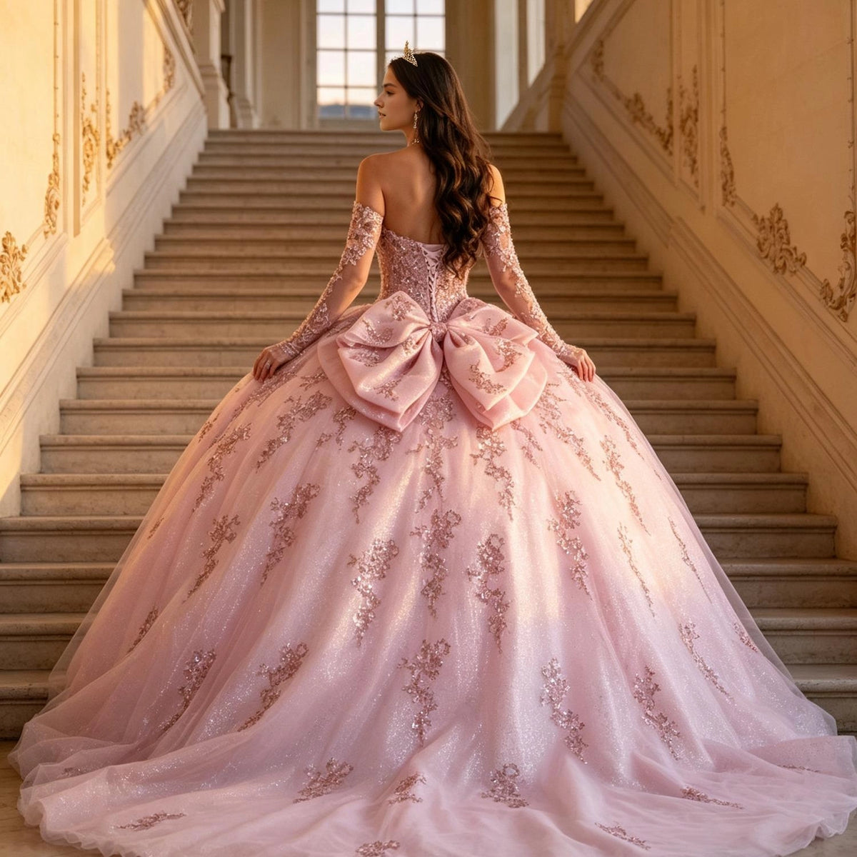Vedress pink quinceanera dress lace-up corset back with large bow, glitter tulle court train lace applique ballgown back view