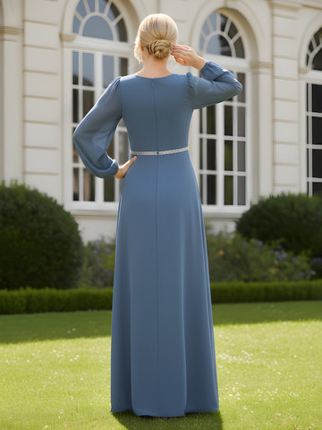 Elegant Dusty Blue Mother of the Bride Dress - Long Puff Sleeve, Beaded Waist, Chiffon Floor-Length Gown