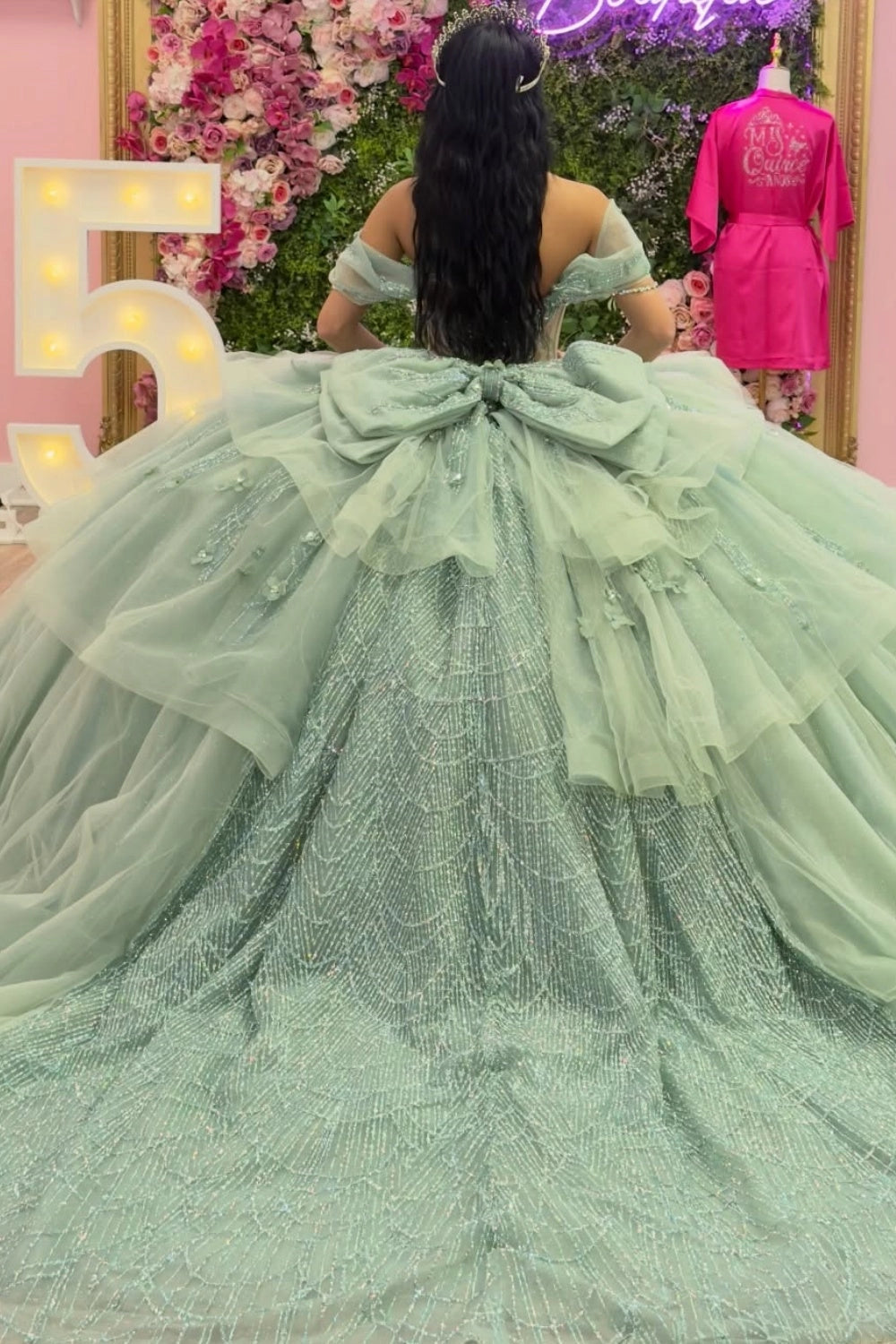Sage Ball Gown Sweetheart Off‑Shoulder Corset Back Cathedral Train Quinceanera Dress