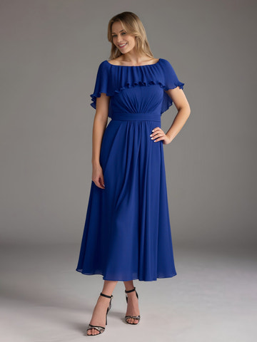 Royal Blue Off-the-Shoulder Ruffle Chiffon Midi Dress – Formal Cocktail Party Gown