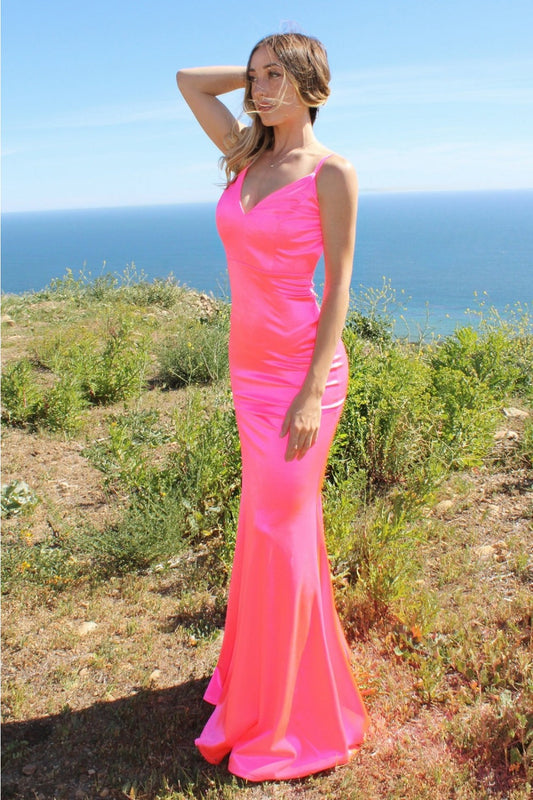 Prom Dresses Satin Mermaid Gown Spaghetti Strap V-Neck Backless Fitted Formal Dress for Summer Wedding Guest
