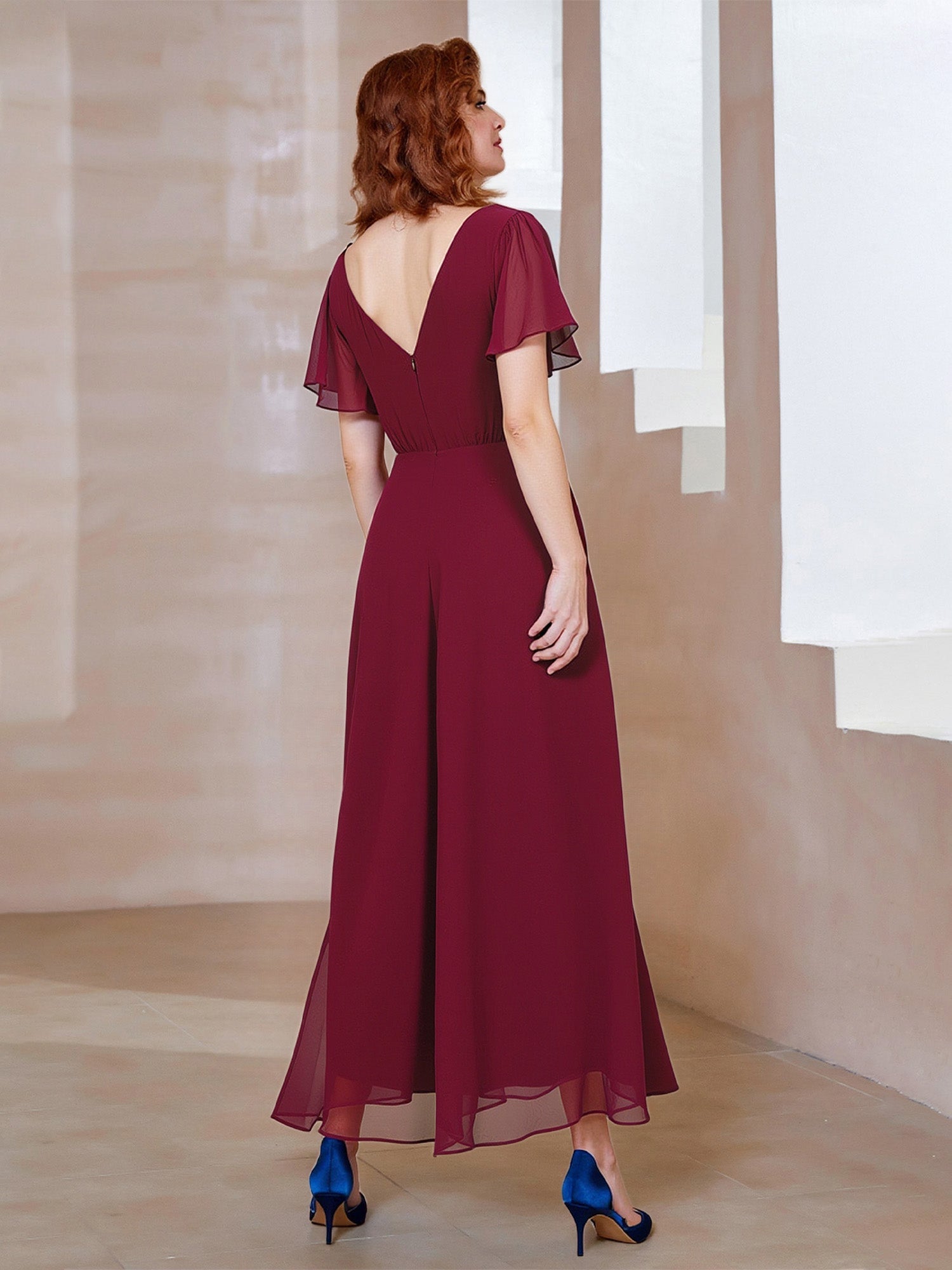 Elegant Burgundy Mother of the Bride Dress - Flutter Sleeve, Beaded Waist, Asymmetrical Hem Chiffon Gown