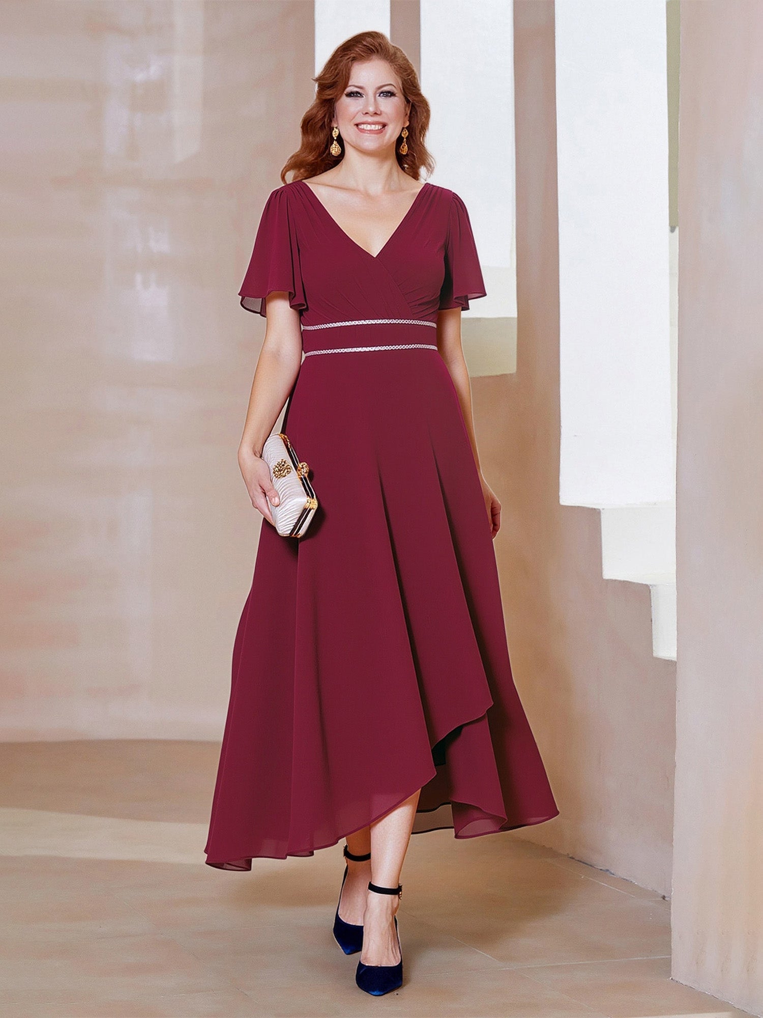 Elegant Burgundy Mother of the Bride Dress - Flutter Sleeve, Beaded Waist, Asymmetrical Hem Chiffon Gown