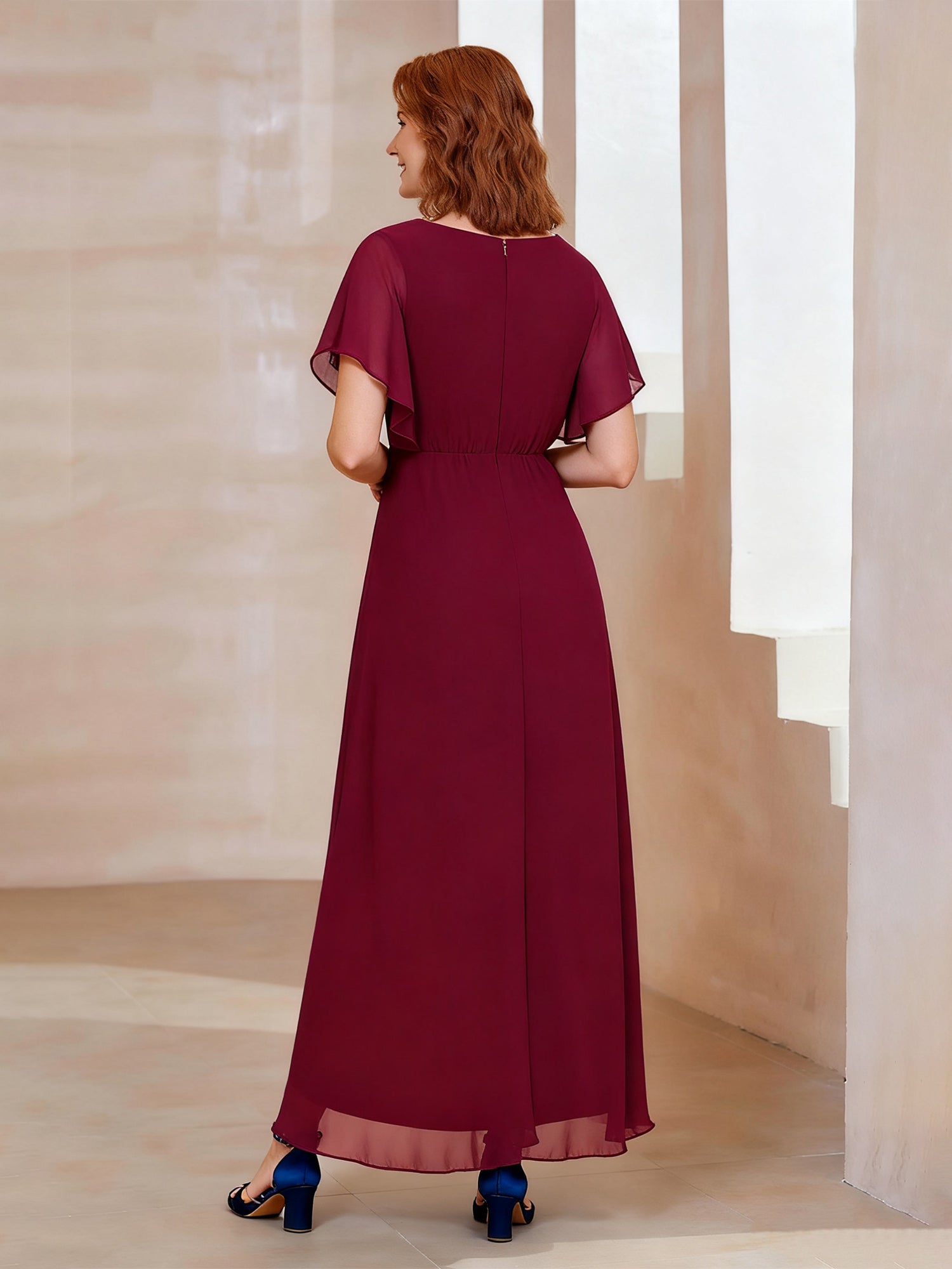 Elegant Burgundy Mother of the Bride Dress - Flutter Sleeve, Lace Appqué Waist, Asymmetrical Chiffon Gown