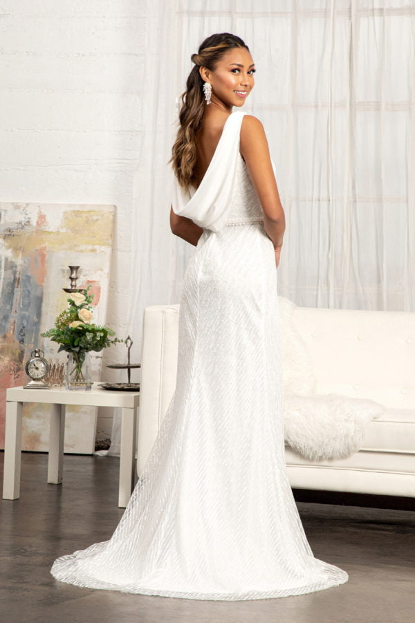 Luxury Beaded Evening Gown Sleeveless Deep V-Neck with Ruched Bust and High Thigh Slit Formal Dress for Gala & Wedding Reception