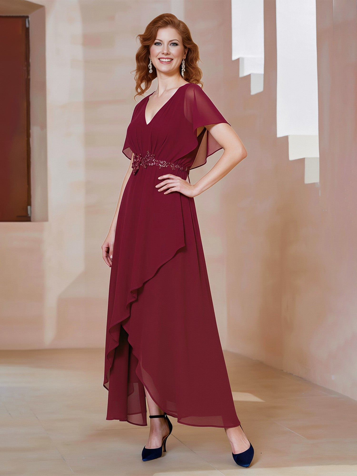 Elegant Burgundy Mother of the Bride Dress - Flutter Sleeve, Lace Appqué Waist, Asymmetrical Chiffon Gown