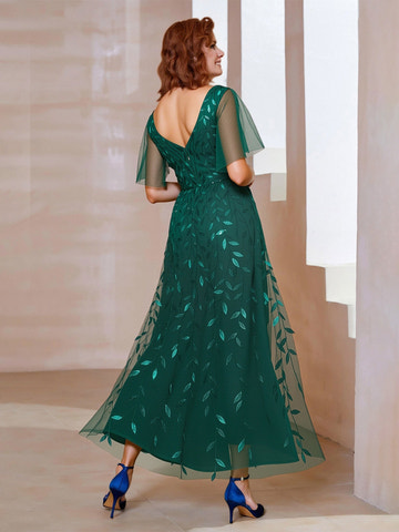 Elegant Mother of the Bride Dress - Sequin Leaf Embroidery, Flutter Sleeve, High-Low Chiffon Gown