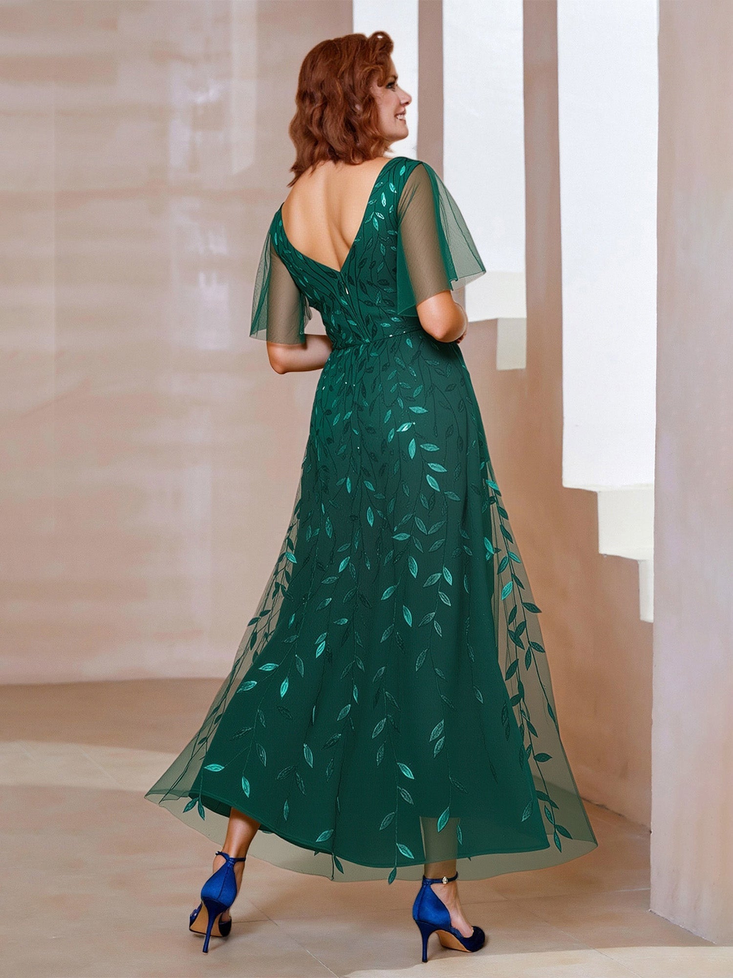 Elegant Mother of the Bride Dress - Sequin Leaf Embroidery, Flutter Sleeve, High-Low Chiffon Gown
