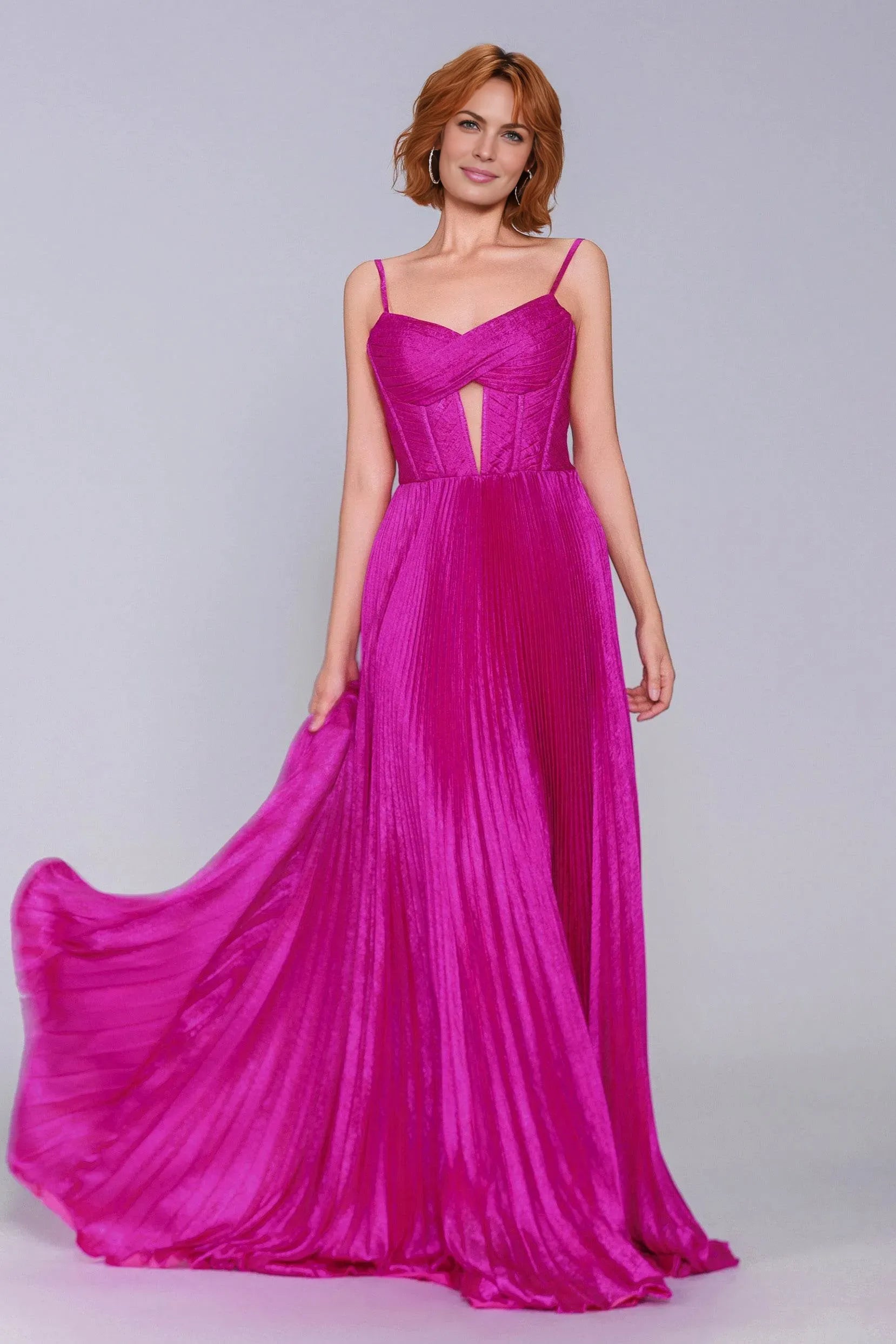 Striking A-Line Spaghetti Strap Pleated Metallic Keyhole Prom Gown