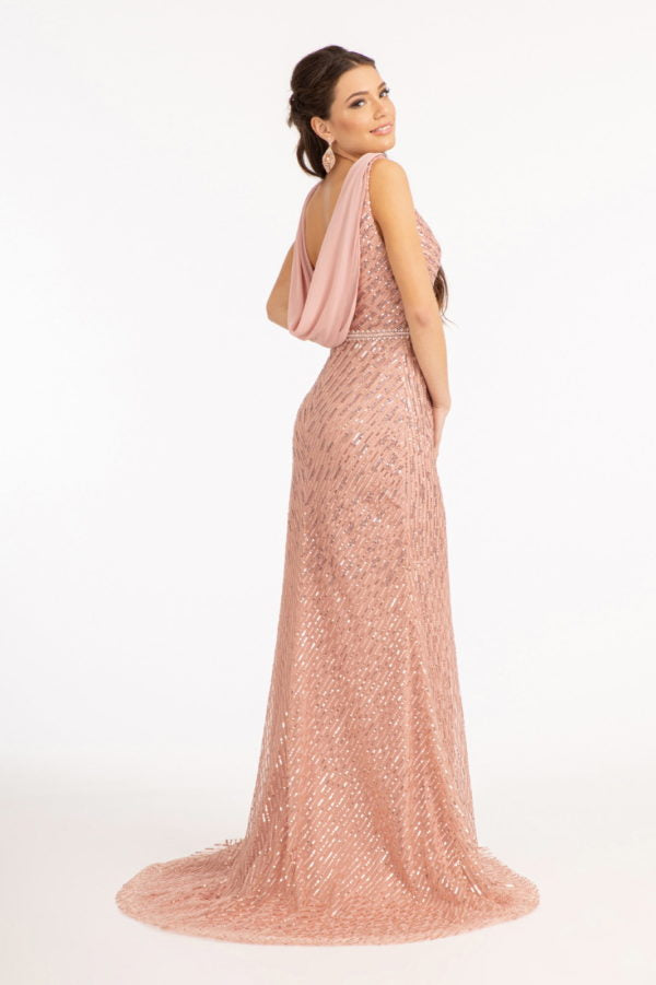 Luxury Beaded Evening Gown Sleeveless Deep V-Neck with Ruched Bust and High Thigh Slit Formal Dress for Gala & Wedding Reception