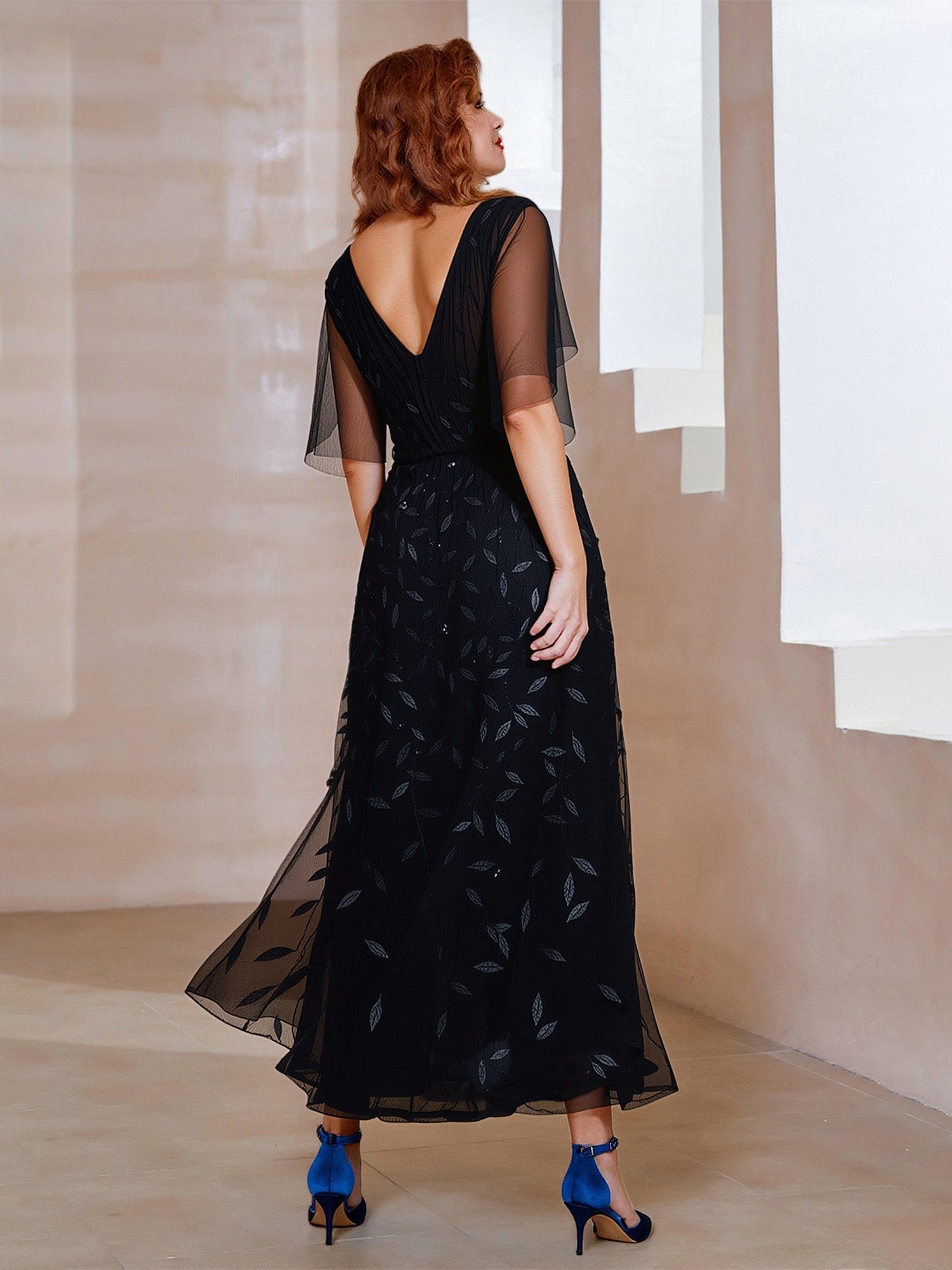 Elegant Mother of the Bride Dress - Sequin Leaf Embroidery, Flutter Sleeve, High-Low Chiffon Gown