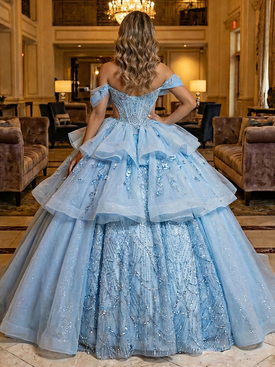 Vedress light blue quinceanera dress off-shoulder lace-up corset back side cutout ruffle skirt 3D floral ballgown back view
