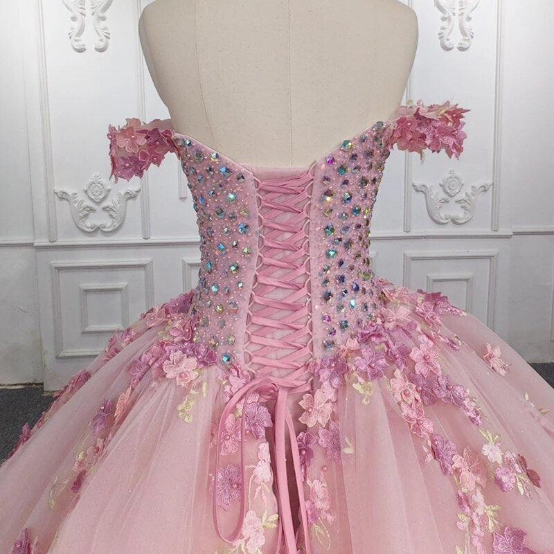 Blush Pink Off Shoulder Beaded 3D Floral Lace Up Back Quinceañera Dress