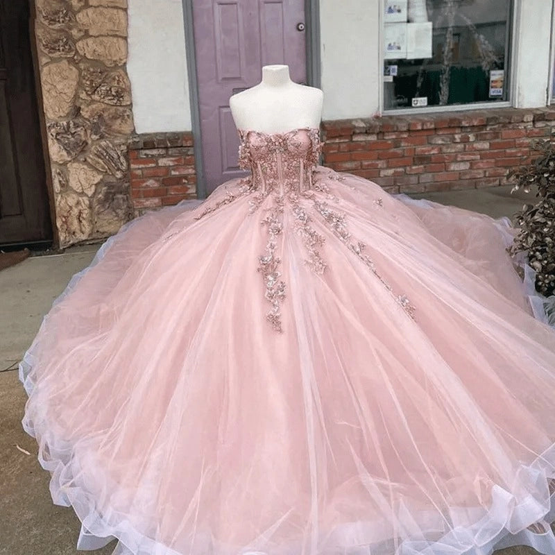 Blush Pink Ballgown Sweetheart Off Shoulder Short Sleeve Lace-up Back Sweep Train Quinceañera Dress