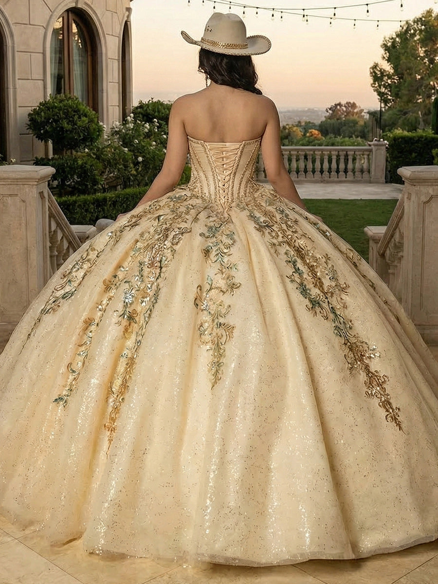 Vedress champagne glitter tulle quinceanera gown strapless design lace-up corset back heavy gold and green floral appliques full ball skirt back view