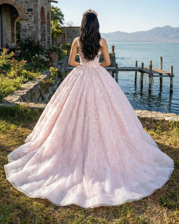 Vedress blush pink quinceañera dress lace-up corset back sequin tulle ballgown with train back view