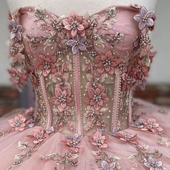 Blush Pink Ballgown Sweetheart Off Shoulder Short Sleeve Lace-up Back Sweep Train Quinceañera Dress