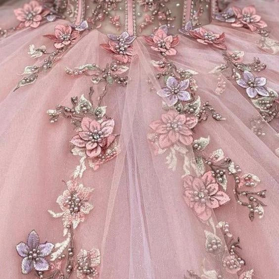 Blush Pink Ballgown Sweetheart Off Shoulder Short Sleeve Lace-up Back Sweep Train Quinceañera Dress