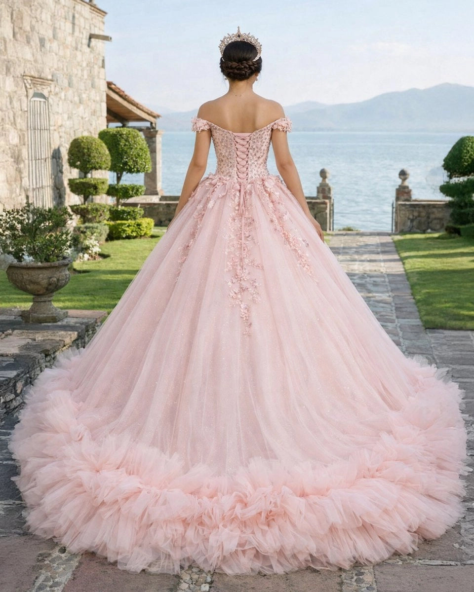 Blush Pink Off Shoulder Beaded 3D Floral Lace Up Back Quinceañera Dress